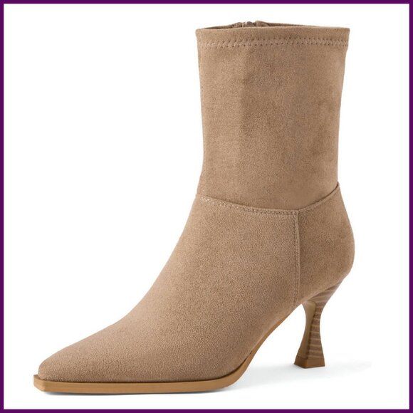 Ankle Booties Pointed Toe Kitten Heel Side Zipper Faux Suede Size 6-11